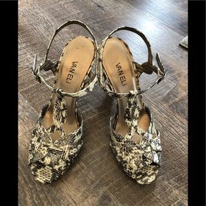 Tan and brown Snakeskin open toed heels